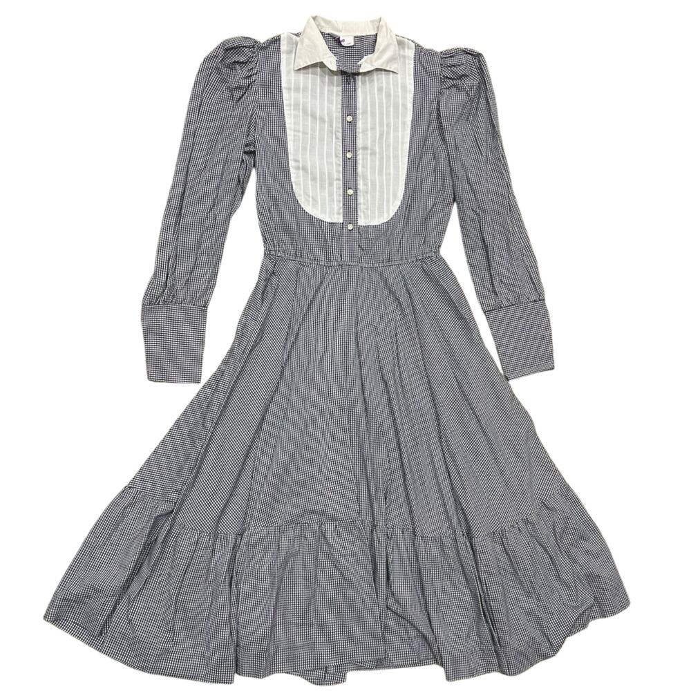 Vintage 80's Size M Western Dress Cottage Button Front Prairie Midi Collared Bib